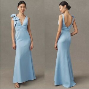 MAC DUGGAL Sleeveless V Neck Bow Detail Mermaid Gown in Powder Blue 6
